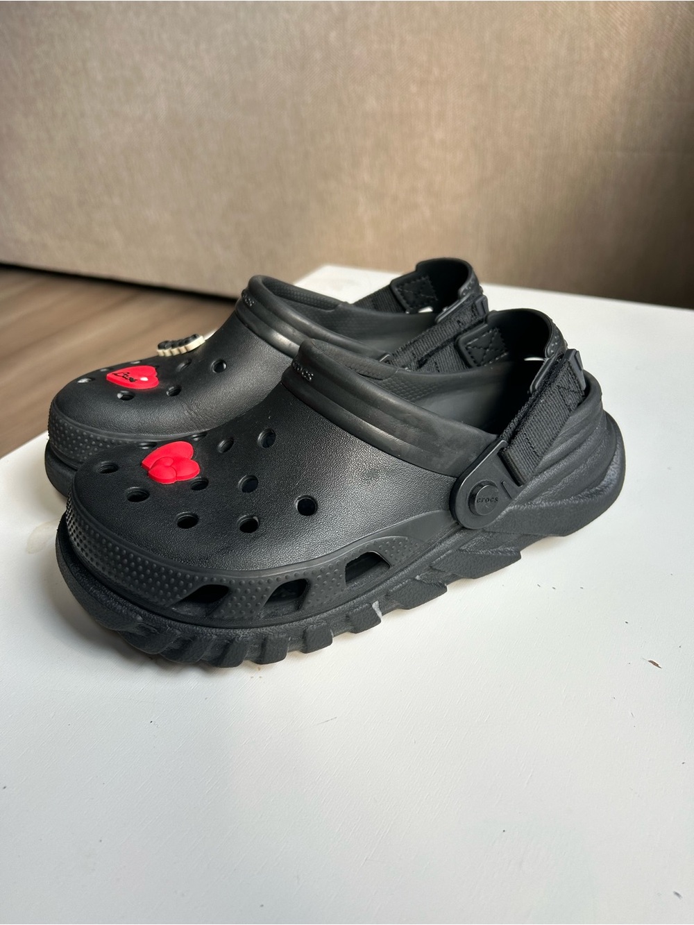 CROCS Black Ventilated Clog Sandals with Red Heart Charms